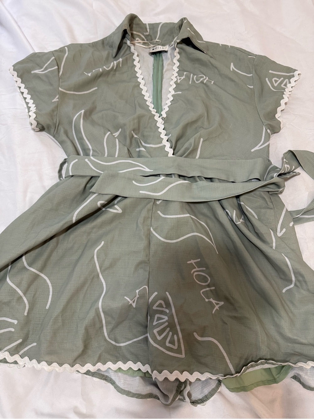 Hello Molly Sage Green Printed Wrap Romper with White Trim